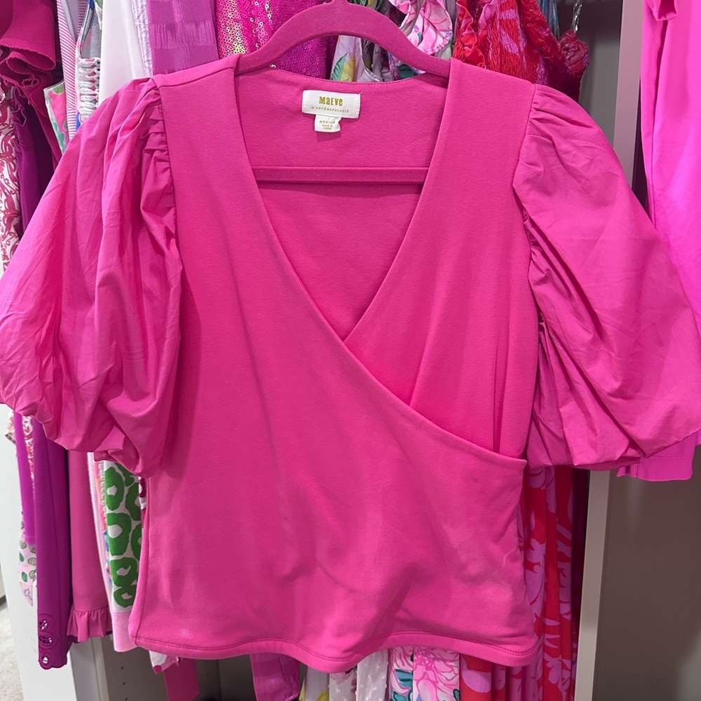 Maeve by Anthropologie 1 Vibrant Pink Wrap Blouse with Puffed Sleeves